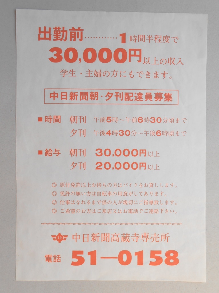 【新聞折込広告】春日井市　中日新聞高蔵寺専売所　求人　中日新聞朝・夕刊配達員募集